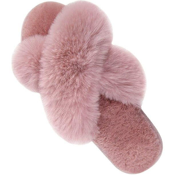 Womens Cross Band Slippers Soft Plush Furry Cozy Open Toe House Shoes Indoor Outdoor Faux Rabbit Fur Warm Comfy Slip On Breathable